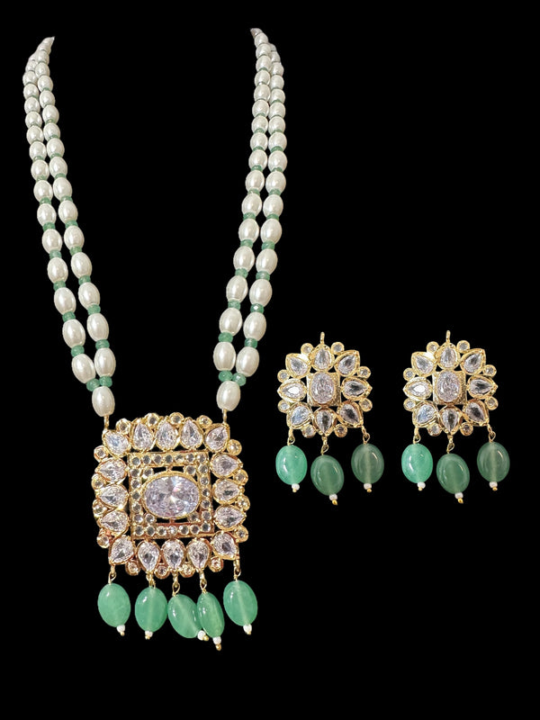 PS561 Hyderabadi pendant set with high quality zircon stones and light green beads ( READY TO SHIP )