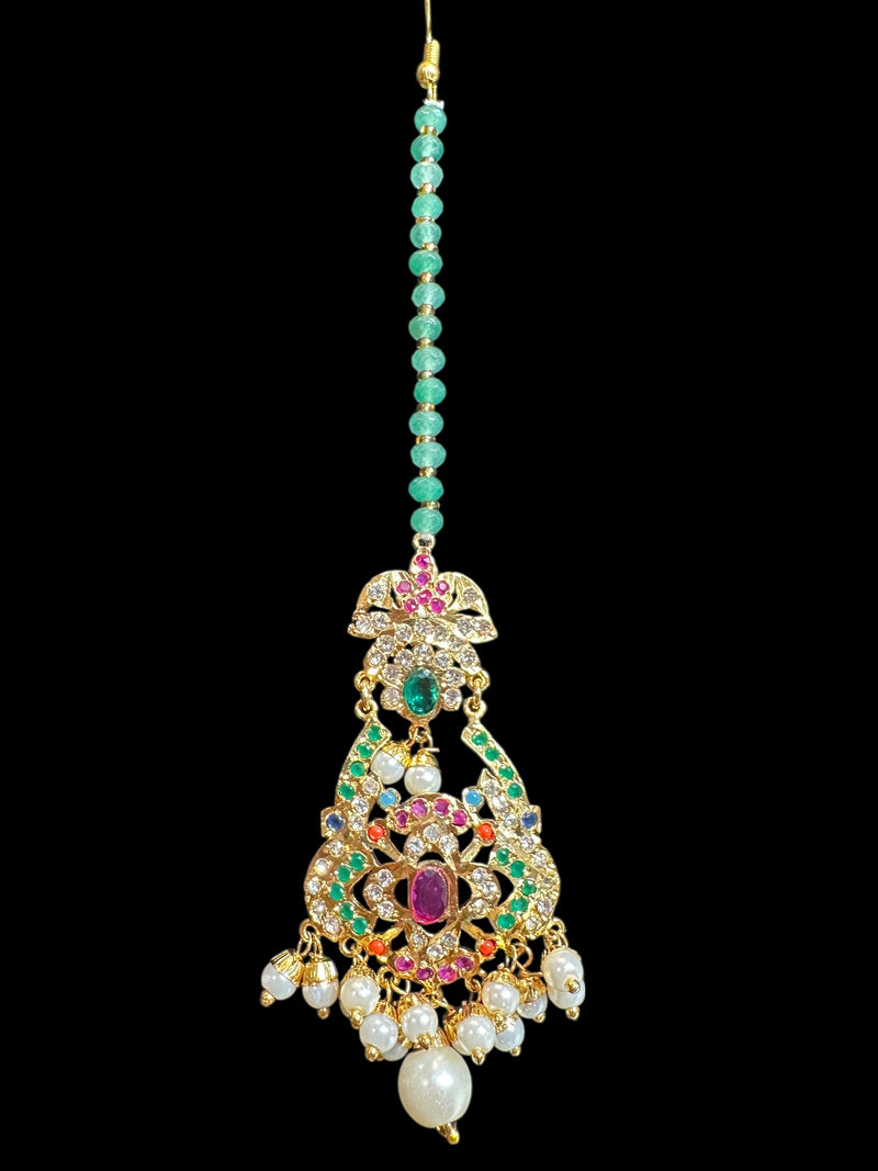 Navratan Dangler Choker Set with Earrings & Tika – Gold-Plated Elegance
