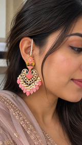 ERS82 Gold-Plated Meenakari Chandbali Earrings with Pearl Ear Support - Pink ( READY TO SHIP)