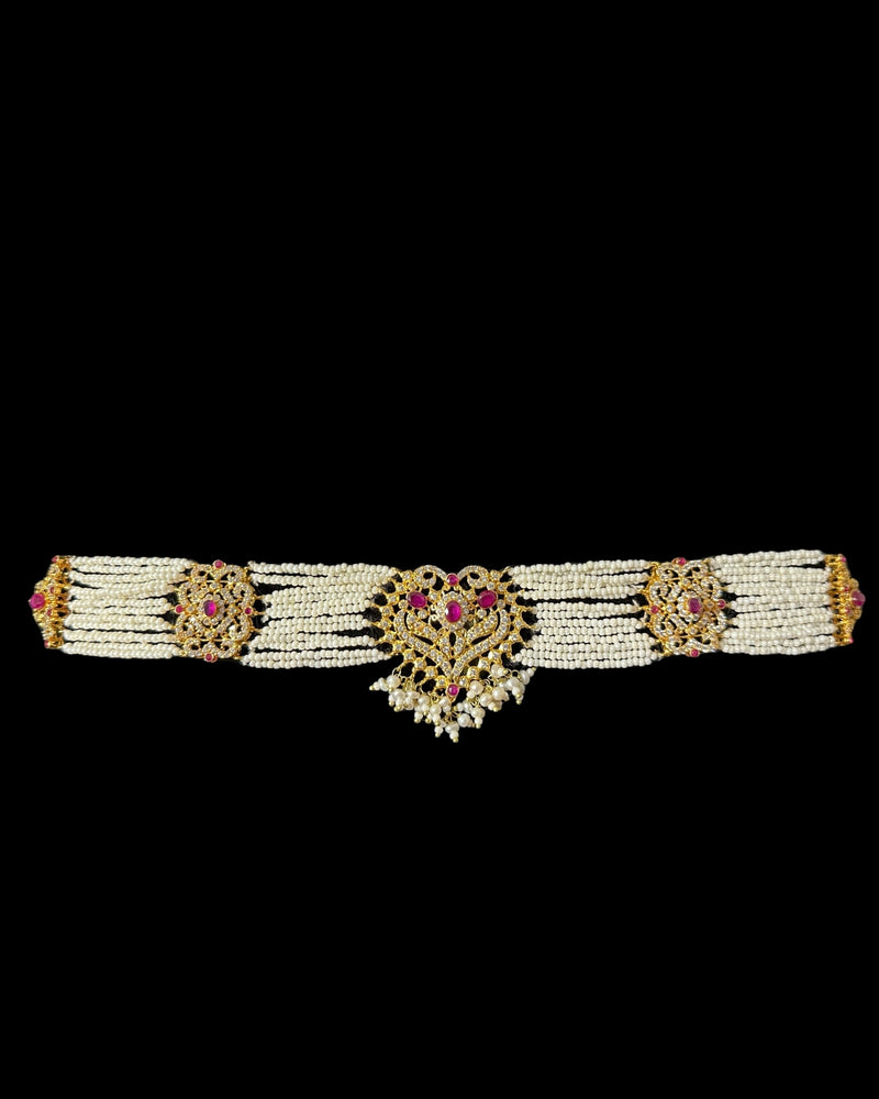 BR465 RAABYA ruby and pearl with zircon bridal choker set with earrings tika ( READY TO SHIP )