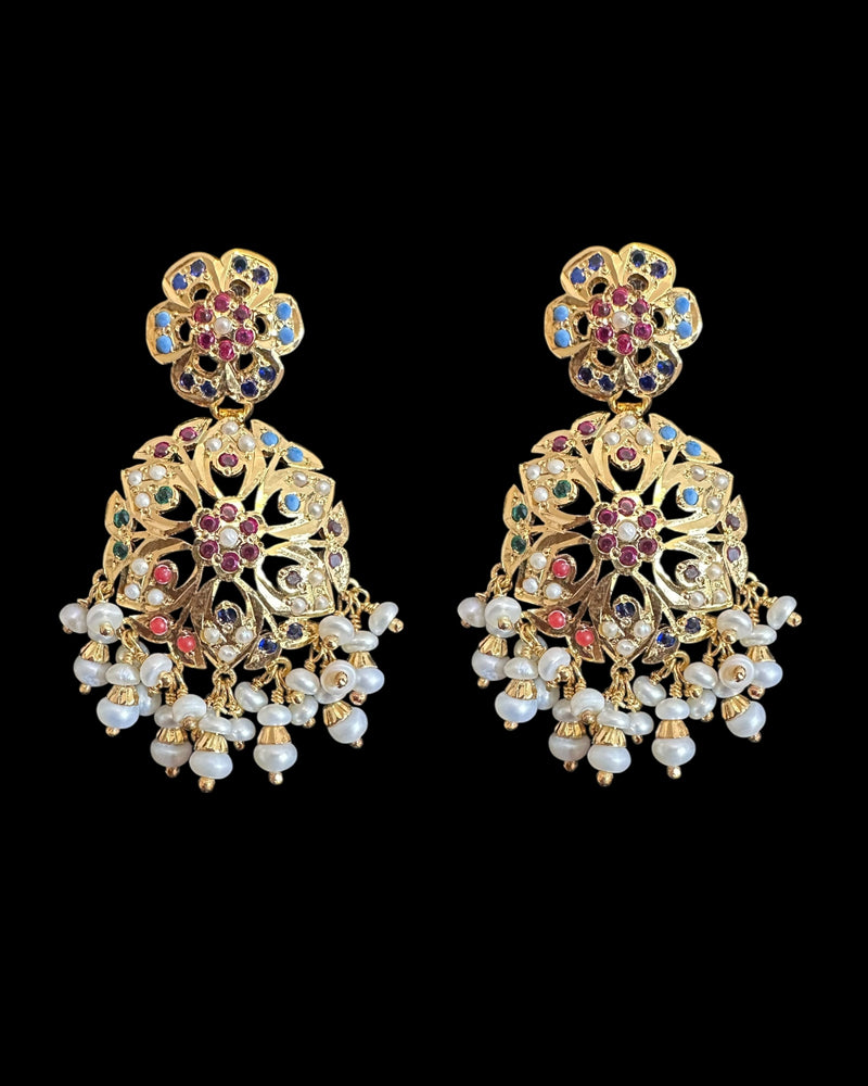 Gold plated silver earrings in navratan ( READY TO SHIP )