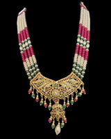 DNS207 Jadau necklace with earrings in ruby emerald zircon and real pearls ( READY TO SHIP )