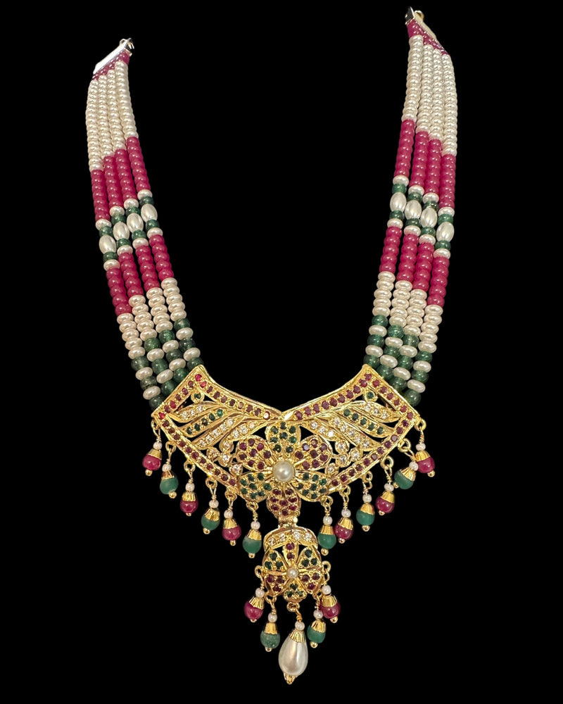 DNS207 Jadau necklace with earrings in ruby emerald zircon and real pearls ( READY TO SHIP )