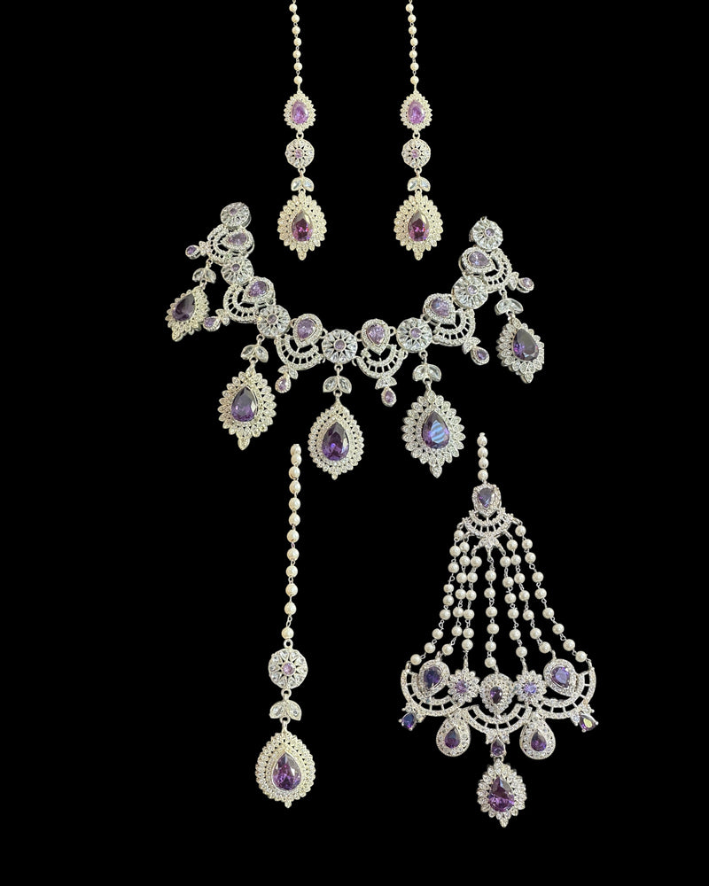 Sabina Cz bridal set in silver plating with purple  ( READY TO SHIP )