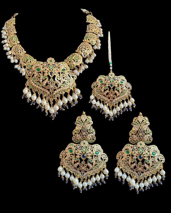 DNS210 Neeli Handcrafted Blue-Green Jadau Necklace Set with Shell Pearls, CZ Stones, Earrings & Tika ( READY TO SHIP )