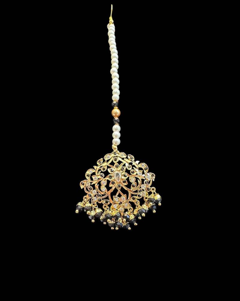 DJET100 Black & Zircon Gold-Plated Earrings with Tikka Set ( READY TO SHIP )