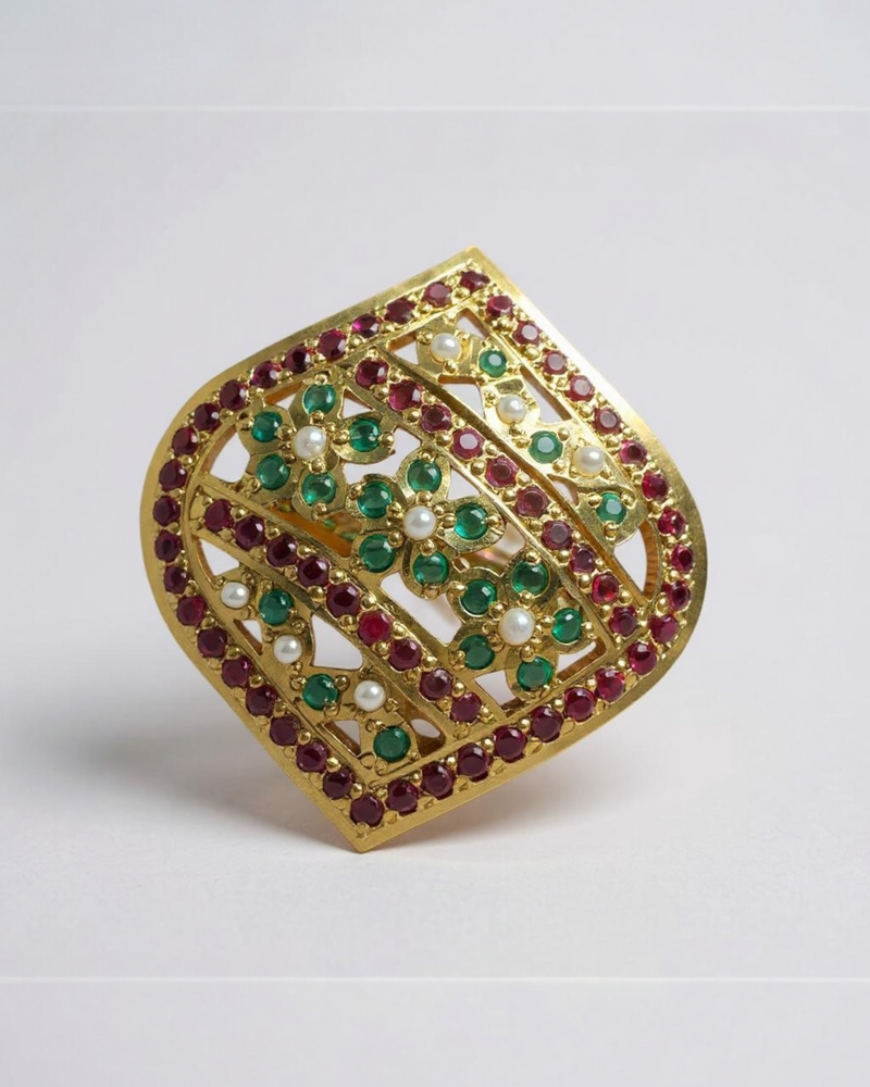 Ruby & Emerald Statement Ring – Gold-Plated Silver Brilliance ( READY TO SHIP )