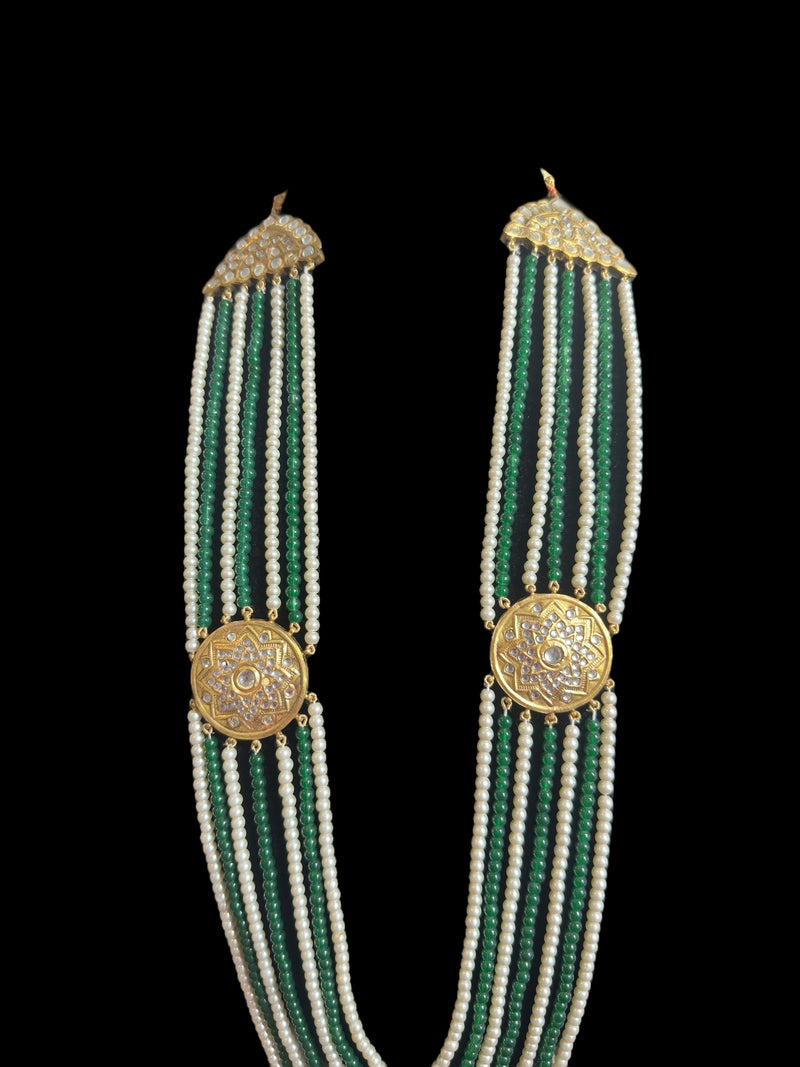 Kundan and pearl mala with green beads ( READY TO SHIP )