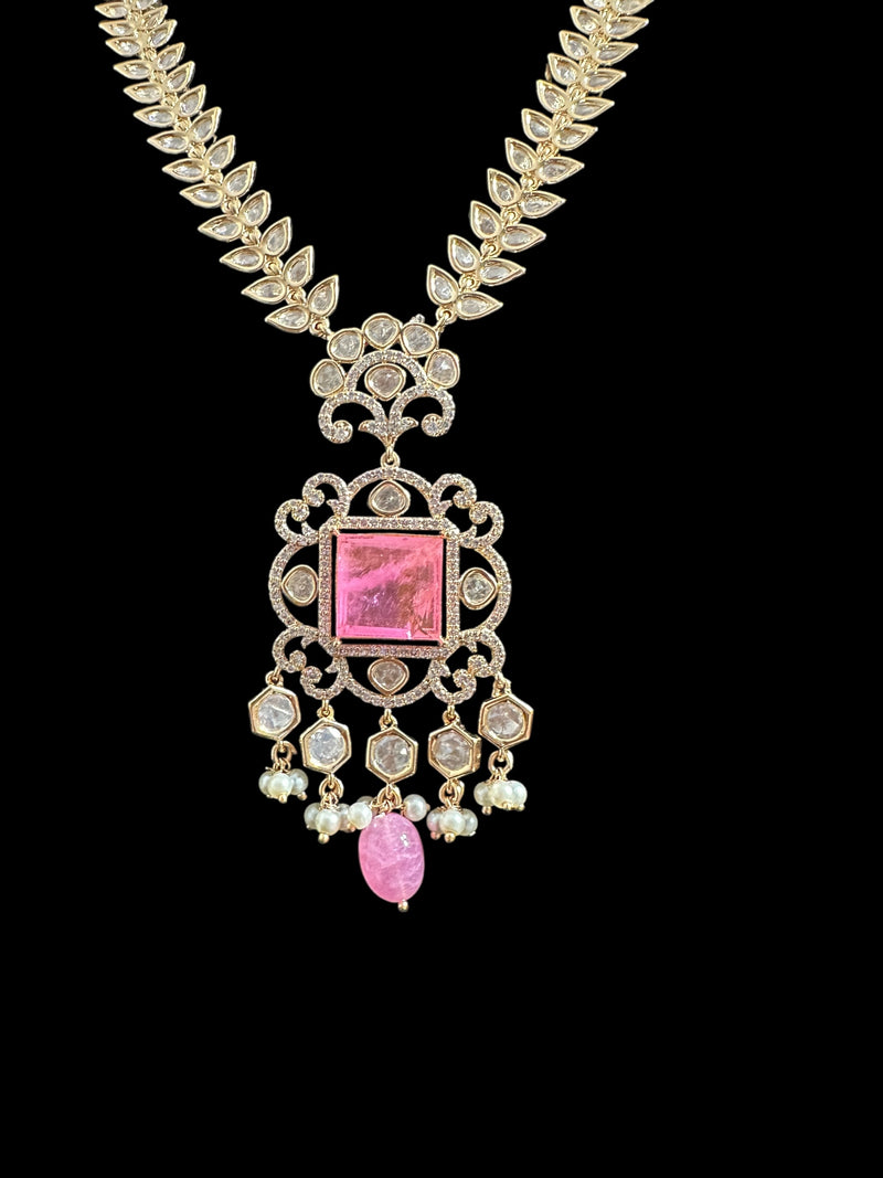 DNS173  Polki necklace set with pearls - PINK ( READY TO SHIP )