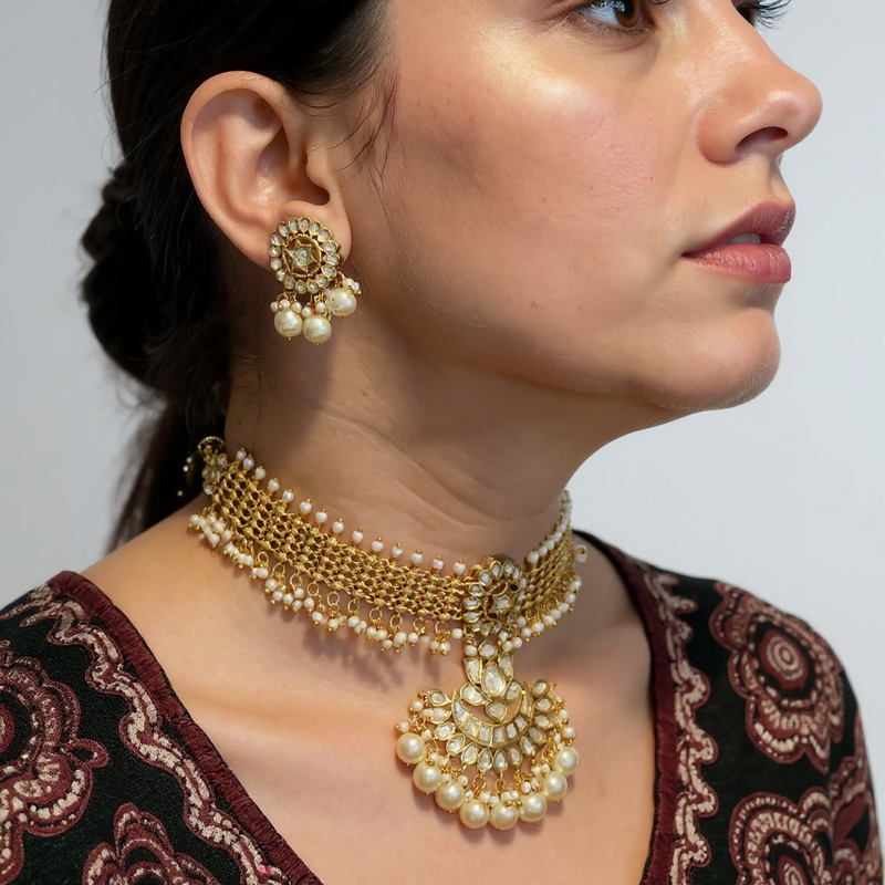Polki choker earrings set with pearls ( READY TO SHIP )