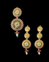 Elegant Handcrafted Ruby, Emerald & Pearl Pendant Earrings Set ( READY TO SHIP )