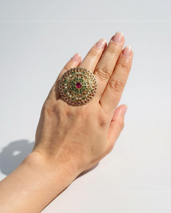 ✨ Statement Gold-Plated Silver Ring – Ruby, Emerald & Freshwater Pearls ( READY TO SHIP )