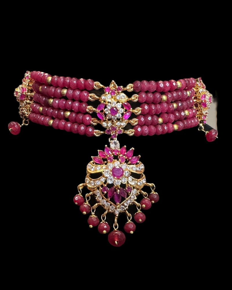 C576 Zarifa Ruby zircon Gold-Plated Choker with Earrings ( READY TO SHIP )