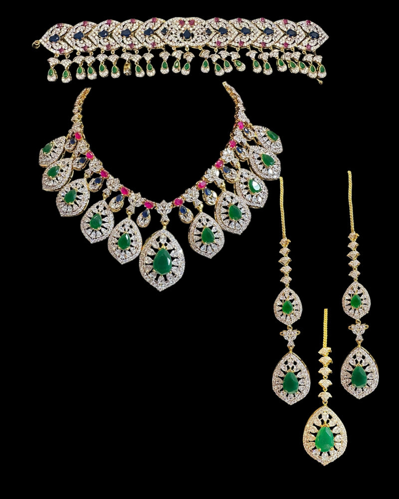 Fareena bridal set in ruby emerald sapphire ( READY TO SHIP )