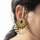 ER5  kundan studs with pearl ear supports - Green ( READY TO SHIP )