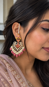 ERS82 Gold-Plated Meenakari Chandbali Earrings with Pearl Ear Support - Ruby ( READY TO SHIP)