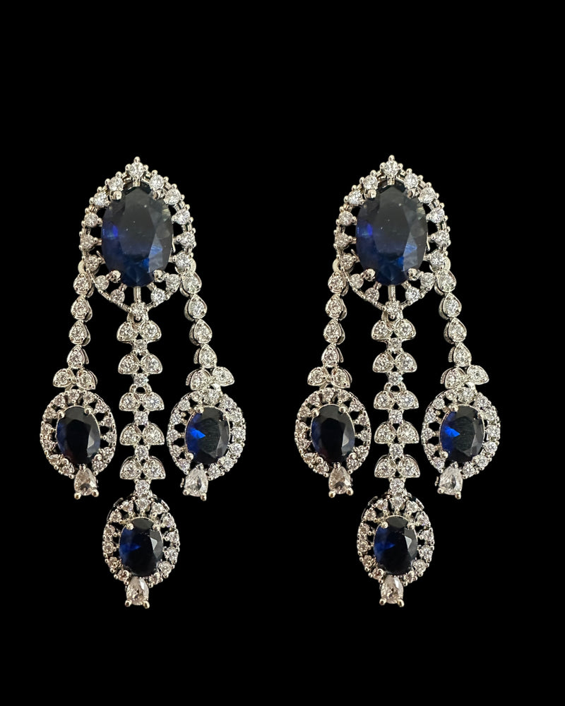 DER755  cz earrings  - sapphire blue, silver plated  ( READY TO SHIP )