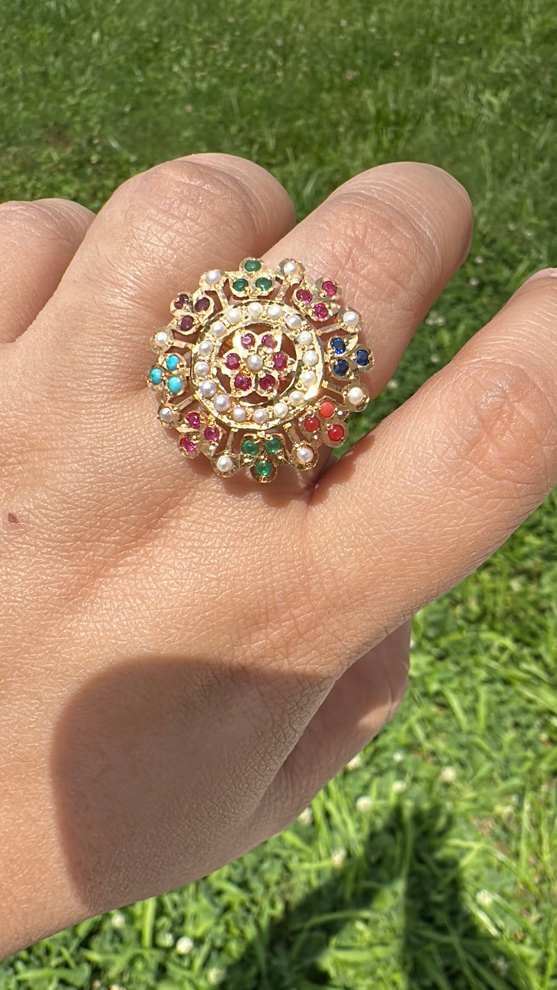 Navratan gold plated silver ring - adjustable ( SHIPS IN 4 WEEKS )