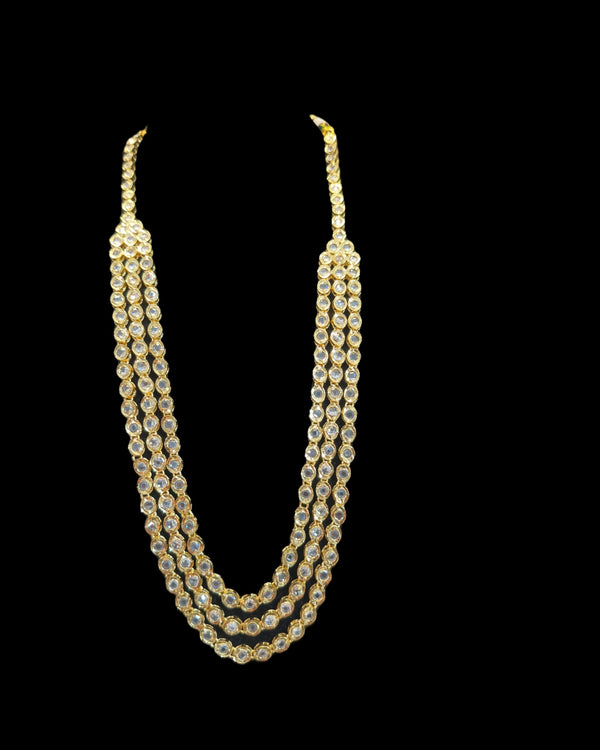 Three-Layer Mala Necklace Set with Earrings – Gold Plated, CZ Polki ( READY TO SHIP )