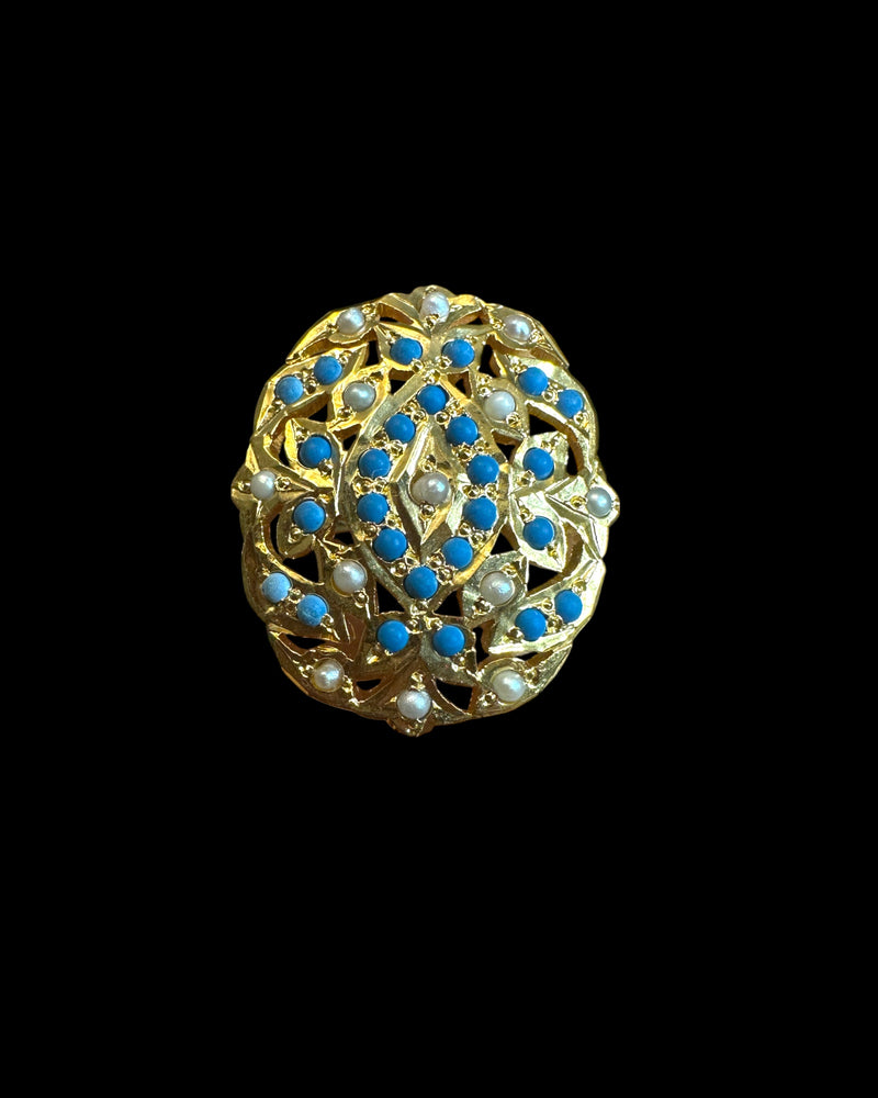 Turquoise & Pearl Ring – Gold-Plated Silver Elegance in Feroza ( READY TO SHIP )