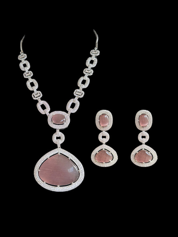 DNS98 CZ necklace set in pink  - silver plated ( READY TO SHIP )