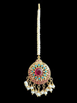 Gold-Plated Silver Tikka with Ruby, Turquoise & Pearls – Medium Size ( READY TO SHIP )