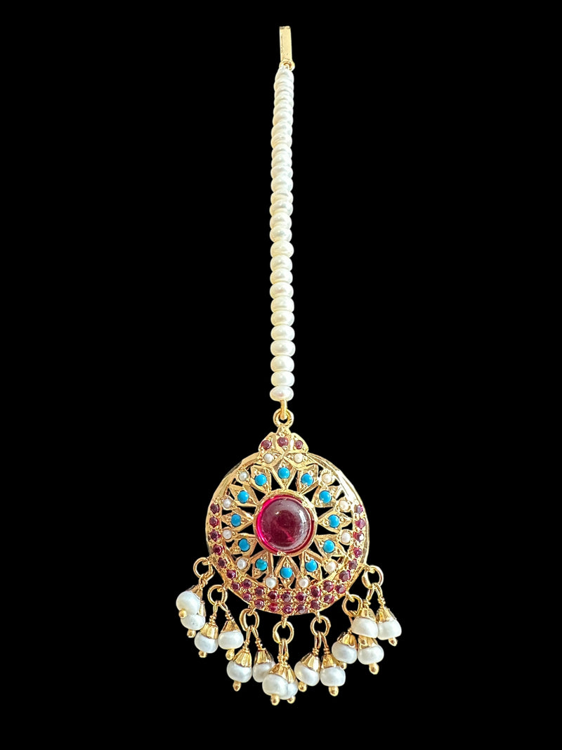 Gold-Plated Silver Tikka with Ruby, Turquoise & Pearls – Medium Size ( READY TO SHIP )