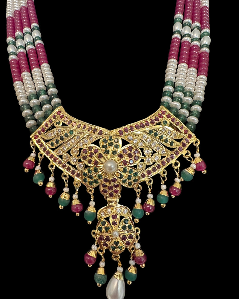 DNS207 Jadau necklace with earrings in ruby emerald zircon and real pearls ( READY TO SHIP )