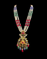 Navratan Gold-Plated Pendant with Jhumka Earrings Set | Freshwater Pearls | Ruby, Emerald & Sapphire Beads ( READY TO SHIP )