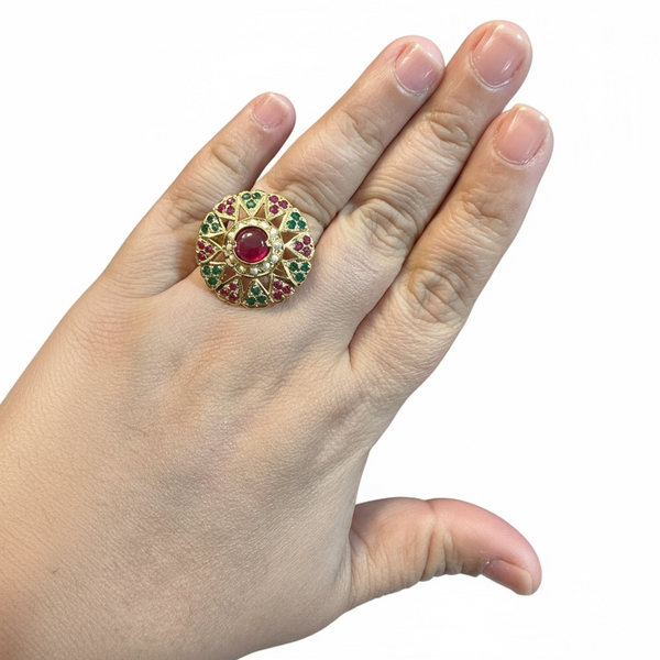 Ruby, Emerald & Freshwater Pearl Gold-Plated Silver Adjustable Ring ( READY TO SHIP)