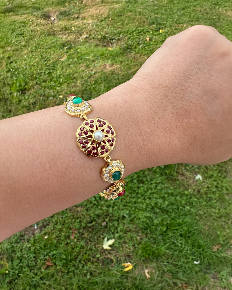 Ruby, Emerald & Pearl Gold-Plated Silver Bracelet – 92.5 Silver ( READY TO SHIP )