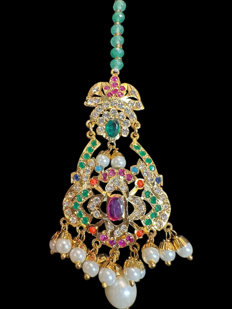 Navratan Dangler Choker Set with Earrings & Tika – Gold-Plated Elegance