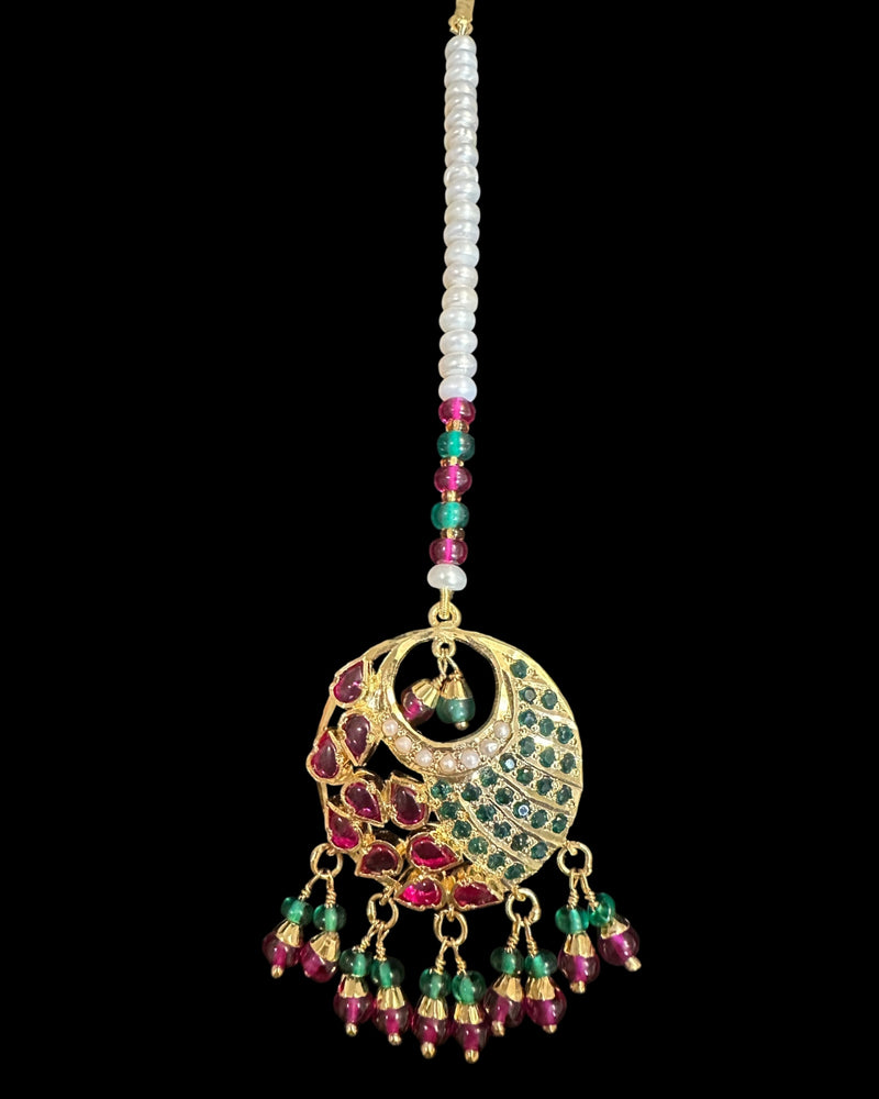 Gold Plated Silver Ruby Emerald Tika with Freshwater Pearls ( READY TO SHIP )
