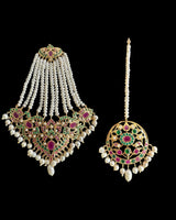 Kulsum jhoomar tika set in ruby emerald with fresh water pearls ( READY TO SHIP )