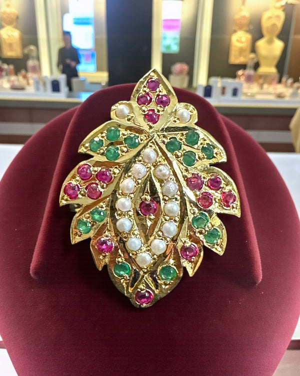 Ruby, Emerald & Freshwater Pearl Gold-Plated Silver Adjustable Ring ( READY TO SHIP )