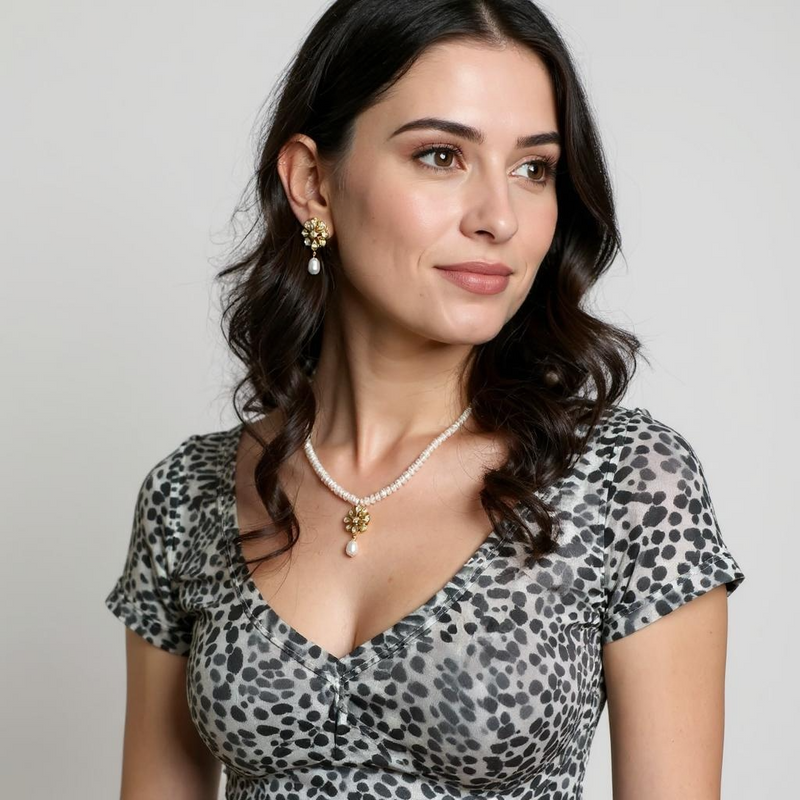 PS564 Barkha Floral Moissanite Polki Pendant Set with Freshwater Pearls – Gold-Plated Elegance ( READY TO SHIP )