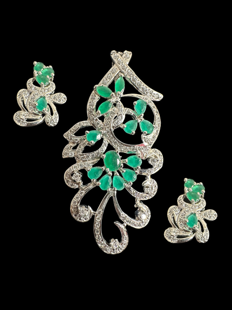 Cz pendant - silver plated with emerald cz stones ( READY TO SHIP )