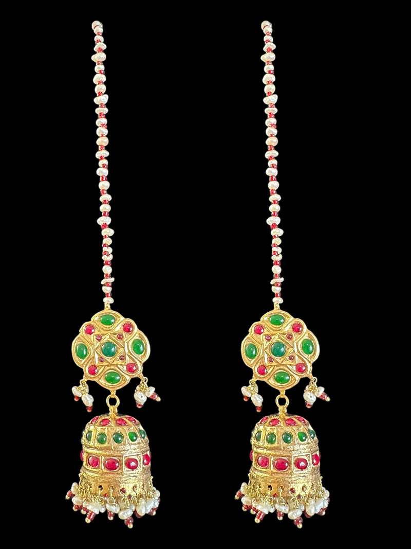 DNS169 Kali necklace jhumka earrings set in gold plating - Ruby emerald combination ( READY TO SHIP )