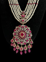 DLN137 MANDIRA Long CZ Pearl Mala with Ruby Beads | Necklace & Earrings Set ( READY TO SHIP )