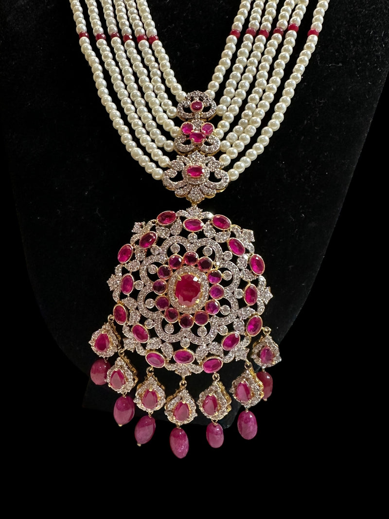DLN137 MANDIRA Long CZ Pearl Mala with Ruby Beads | Necklace & Earrings Set ( READY TO SHIP )