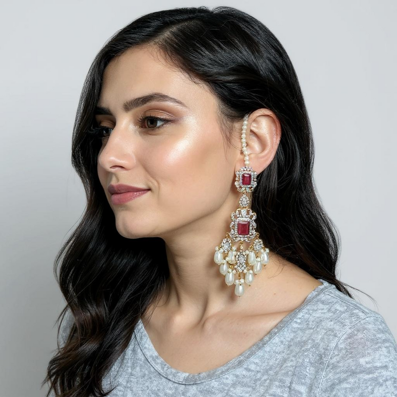 Farhat 💎 Ruby Bridal Choker Set with Earrings & Tika – Gold-Plated with Zircon & Shell Pearls