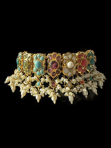 C547 Navratan bridal choker earrings set in fresh water pearls ( READY TO SHIP )