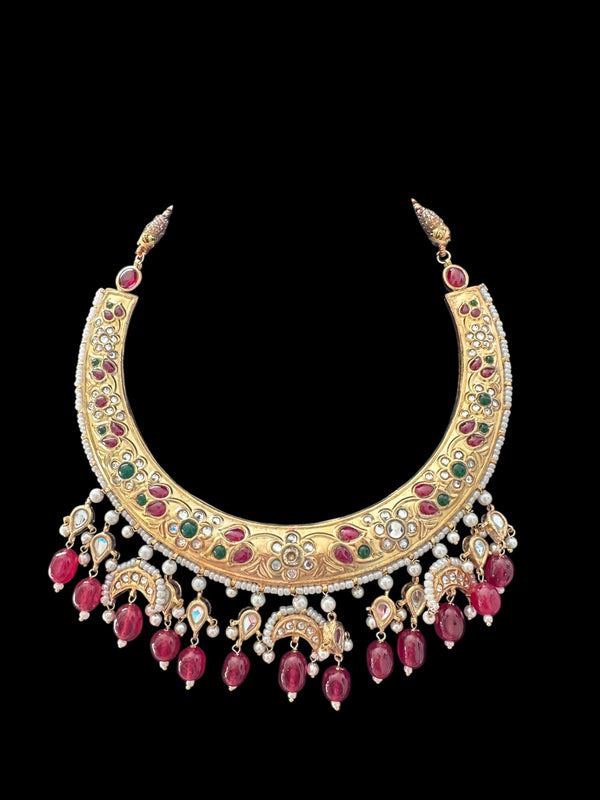 DNS156 kundan hasli necklace ,ruby emerald ( READY TO SHIP )