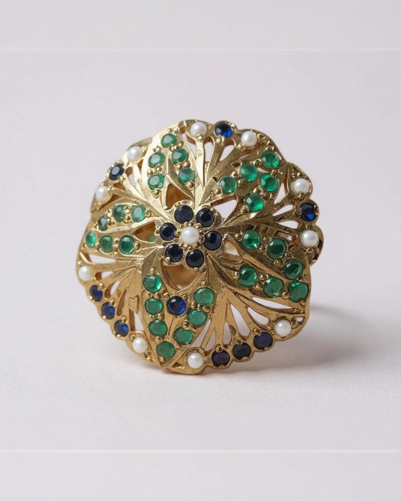Emerald & Sapphire Delicate Gold-Plated Ring – Adjustable | 92.5 Silver & Freshwater Pearls ( READY TO SHIP )