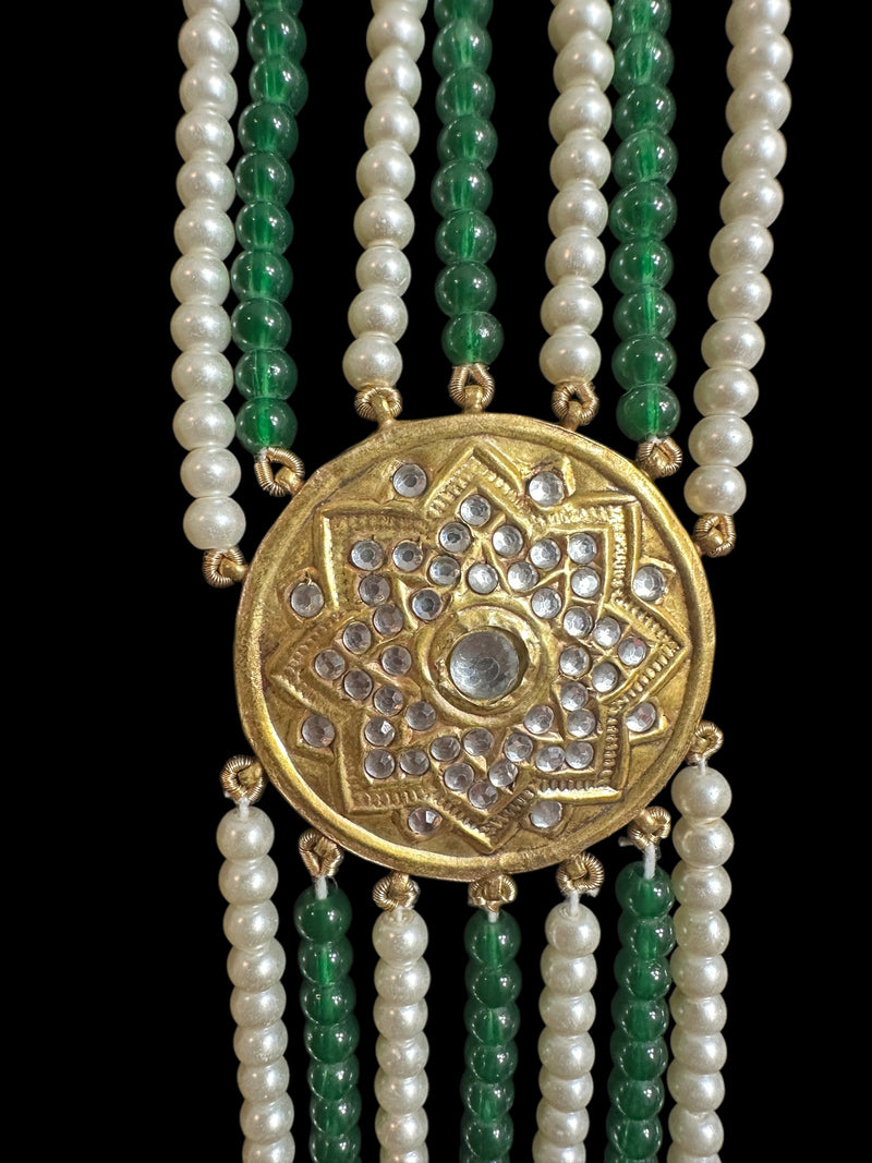 Kundan and pearl mala with green beads ( READY TO SHIP )