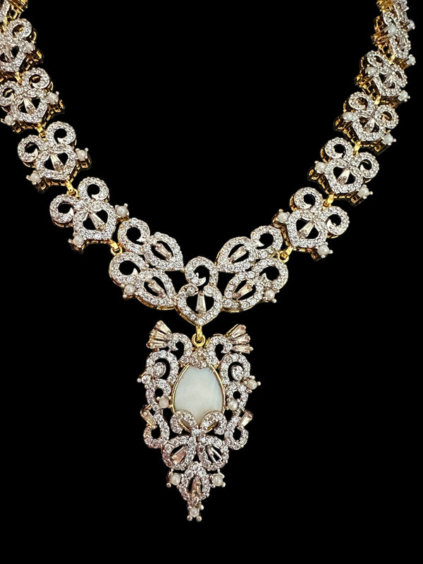 DNS158  Cz necklace with earrings in mother of pearl , gold plated ( READY TO SHIP )