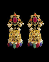 Navratan Gold-Plated Pendant with Jhumka Earrings Set | Freshwater Pearls | Ruby, Emerald & Sapphire Beads ( READY TO SHIP )