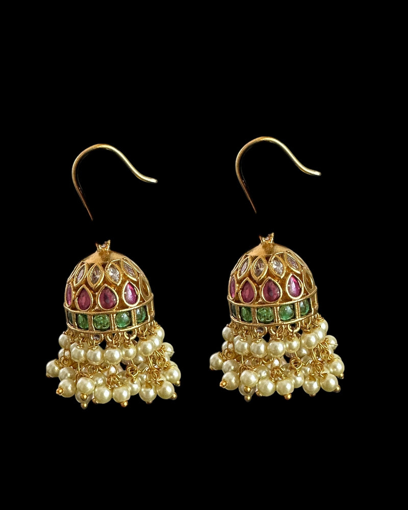 DER774 Gold plated ruby emerald combination jhumka ( READY TO SHIP )