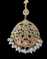 DJTK368 Samra Punjabi Tika – Gold-Plated Bridal Headpiece with Clear Zircon Stones & Pearl Hangings ( READY TO SHIP )