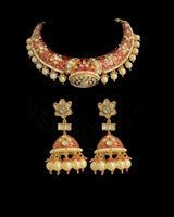 C606 Gold-Plated Meenakari Hasli Necklace Set with Polki Jhumka Earrings ( READY TO SHIP )
